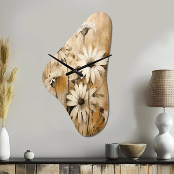 Vintage Brown Daisies Flower I - Asymmetric Metal Wall Clock